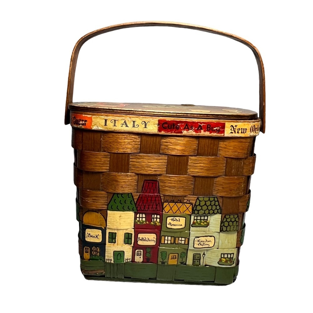 Handwoven Brown Village-Scene Basket Bag